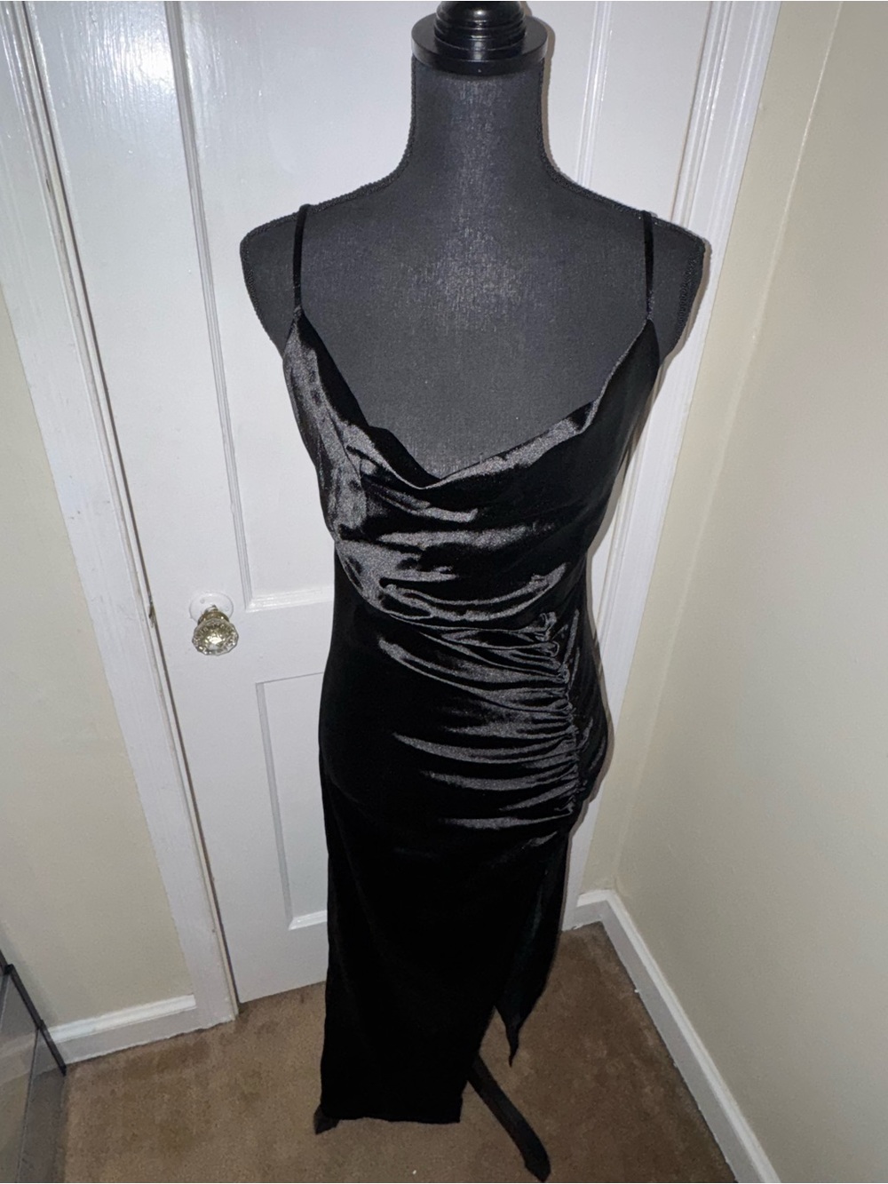 Black Satin Cowl Neck Midi Dress with Slim Straps